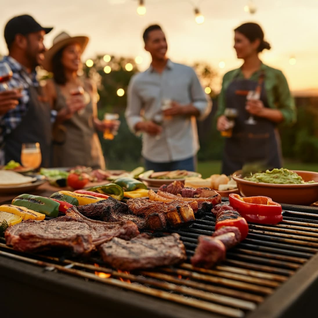 [Imagem de Churrasco com diferentes carnes e pessoas]